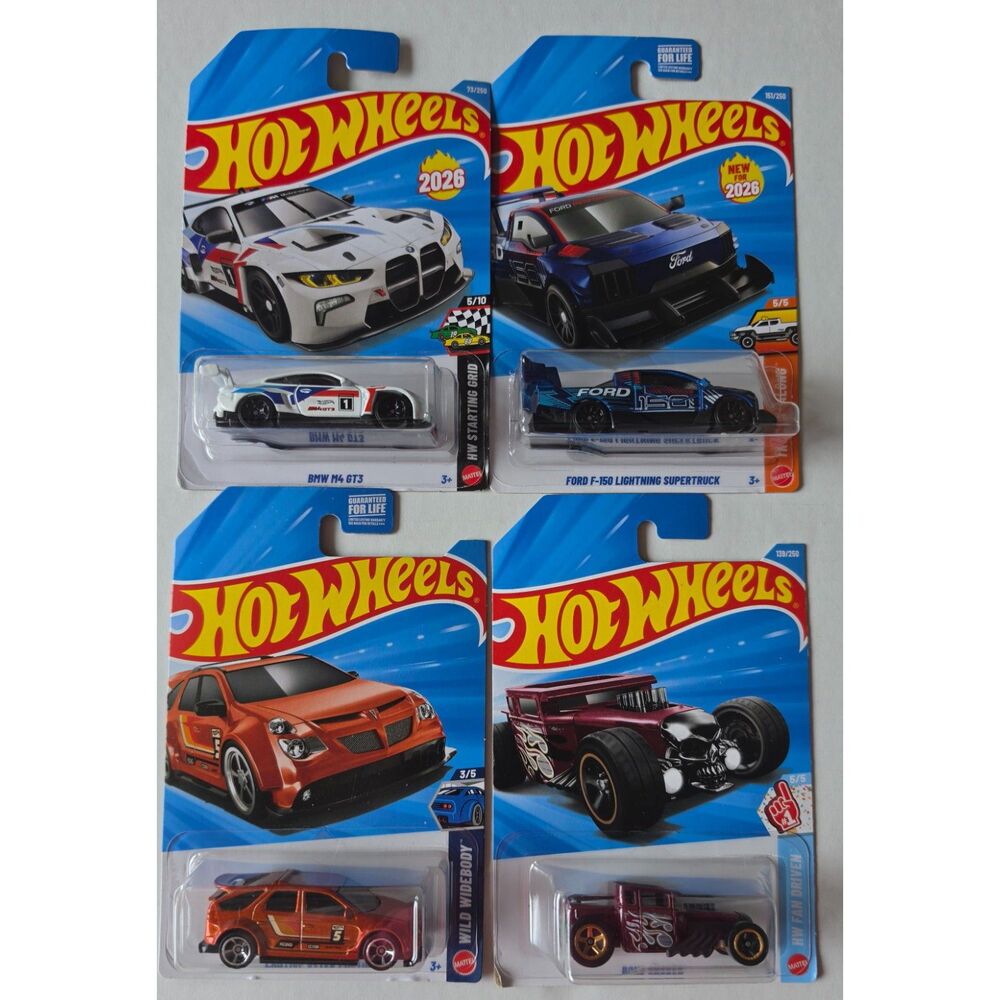Hot Wheels 4-Car Bundle - BMW M4 GT3 & Ford F-150 SuperTruck - Diecast Toy Cars
